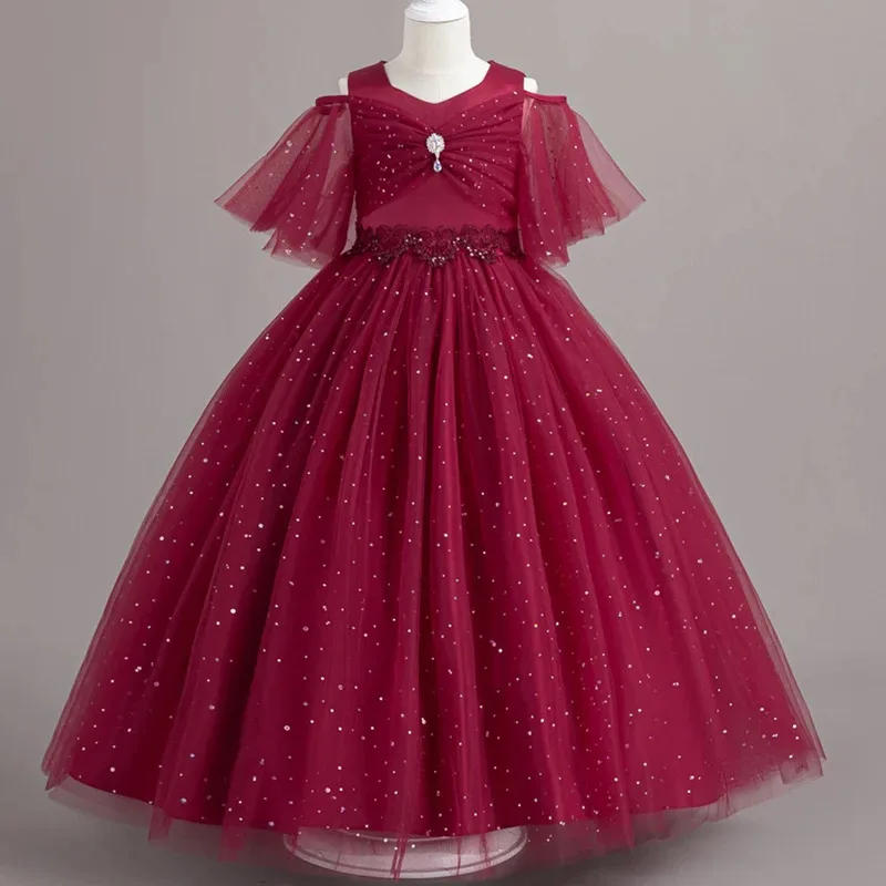 Brillant enfant en bas âge superbe petites grandes filles épaules dénudées paillettes princesse fleur fille fête d'anniversaire robe de concours longueur de plancher 551