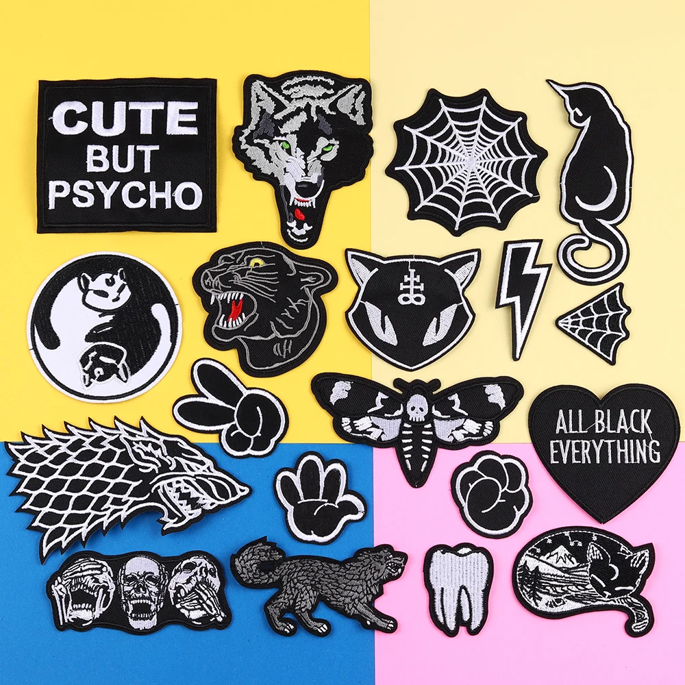 Black Punk ricamo Patch giacca da uomo ferro sulle toppe accessori fai da te marchio di moda abbigliamento da uomo distintivo Cat Wolf Sticker