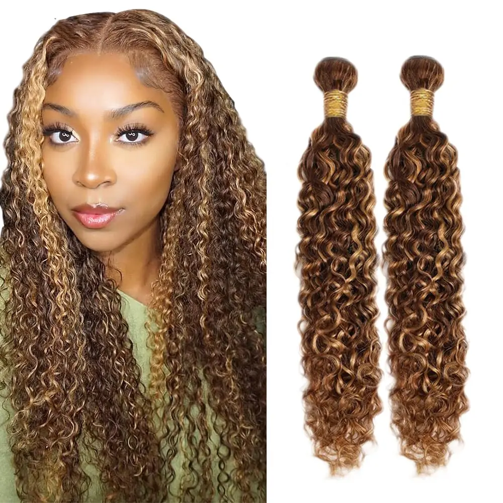 P4/27 Brown Blonde Braiding Hair Bundles Highlight Water Wave Human Hair Bundles  Colored Curly Human Hair Weaving Bundles