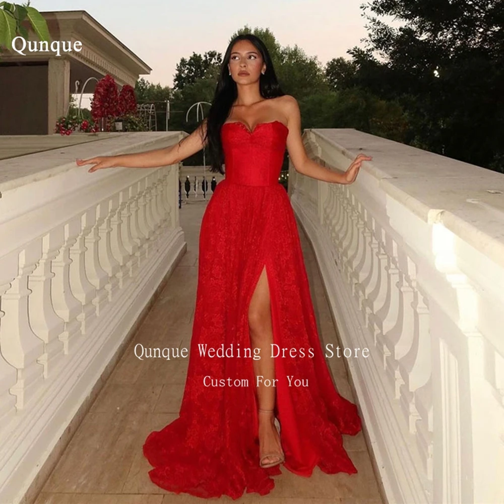 

Qunque Modest Red Lace Appliques Prom Dresses Sweetheart Long A Line Tulle Vestidos De Noche Elegantes High Slit Party Gowns