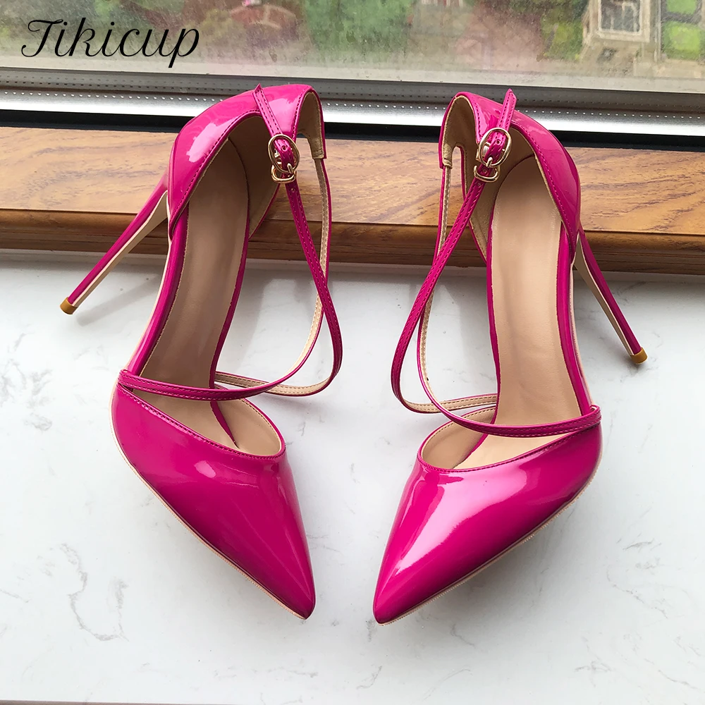 

Tikicup Instep Cross Strap Women Fusion Pink Pointy Toe High Heel Summer Shoes Rose Pink Patent Stiletto Pumps Plus Size 33-45