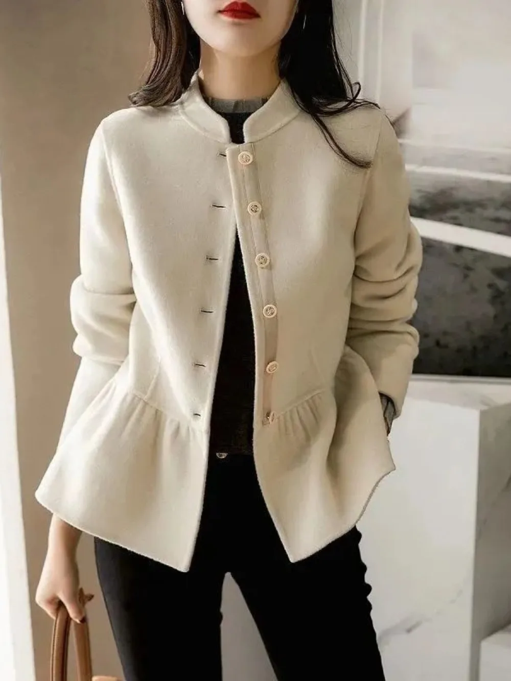 Stand Collar Mixtures Jacket Woman White Wool Blend Coat for Women Ruffles Hot Casual on Sale Outerwears Autumn Single Cheap