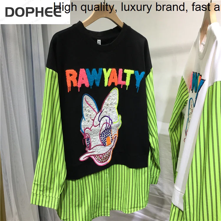 

Faux Two Colorblock Piece Striped Long Sleeve Hoodie Top New Autumn Korea Diamond Cartoon Letters Mid-long Casual Sweatshirt