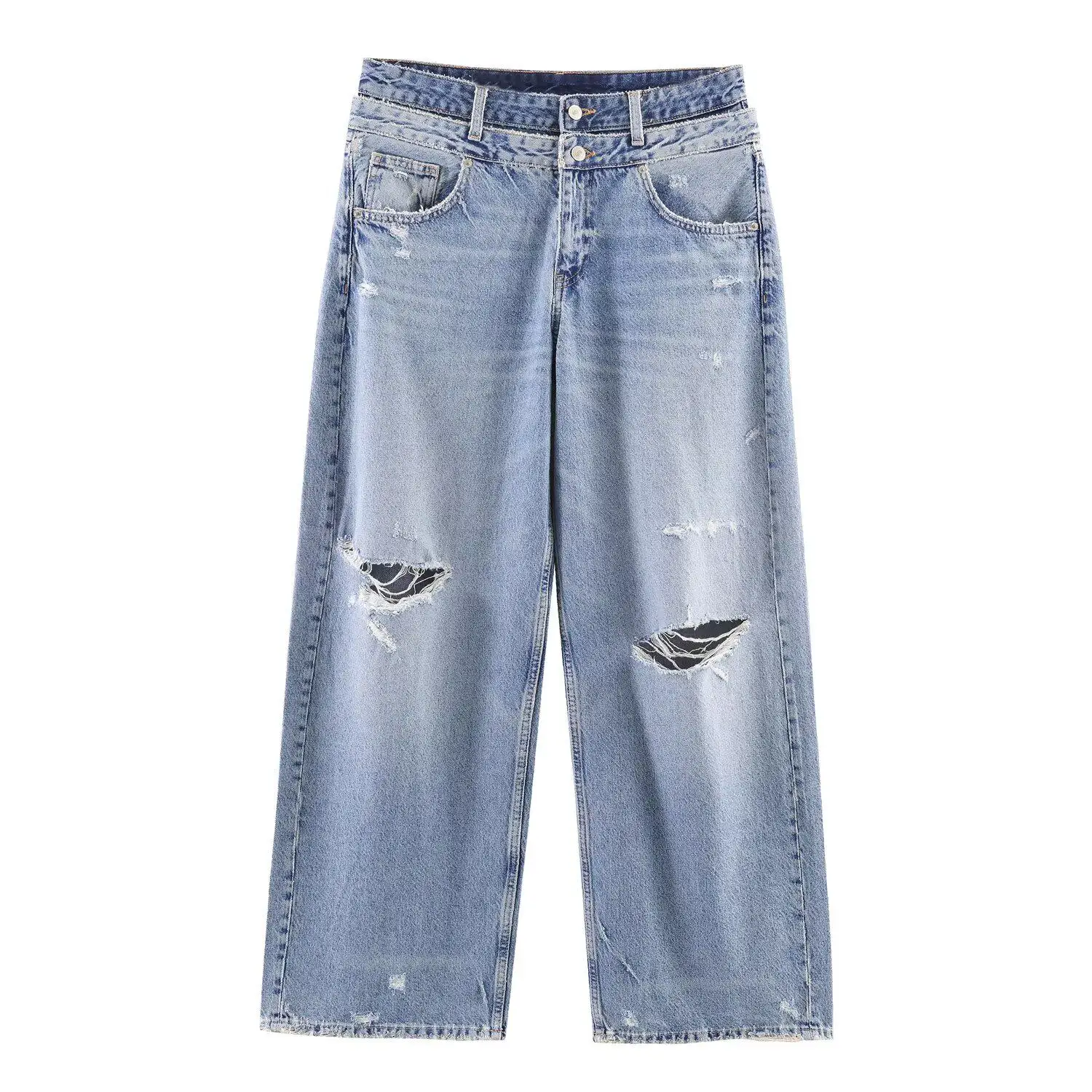 

Double Waist Straight Leg Women's Jeans 2026 Spring New American Style High Street Zipper Pants Mid-waist Ripped Trousers