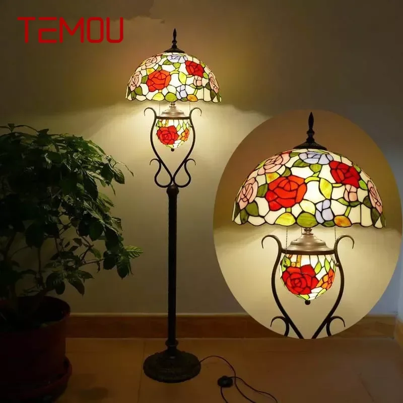 

TEMOU Tiffany Floor Lamp American Retro Living Room Bedroom Lamp Country Stained Glass Floor Lamp