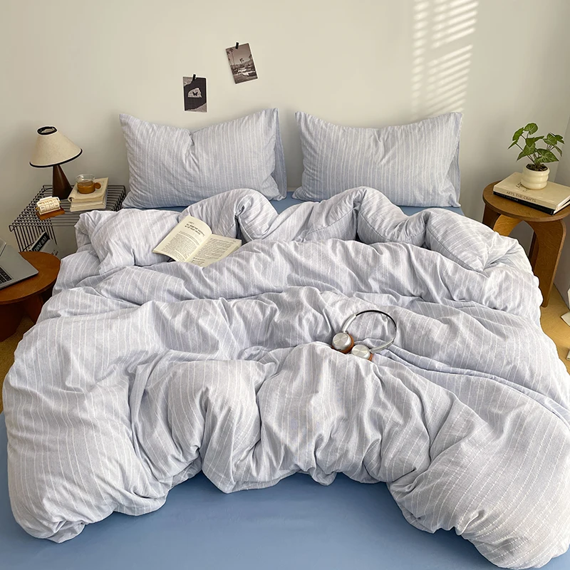 Korean Bedding Full Sets Blue 2026 New Soft Striped Queen Bed Sheets Duvet Cover With Pillowcase No Filling Bedroom Decor