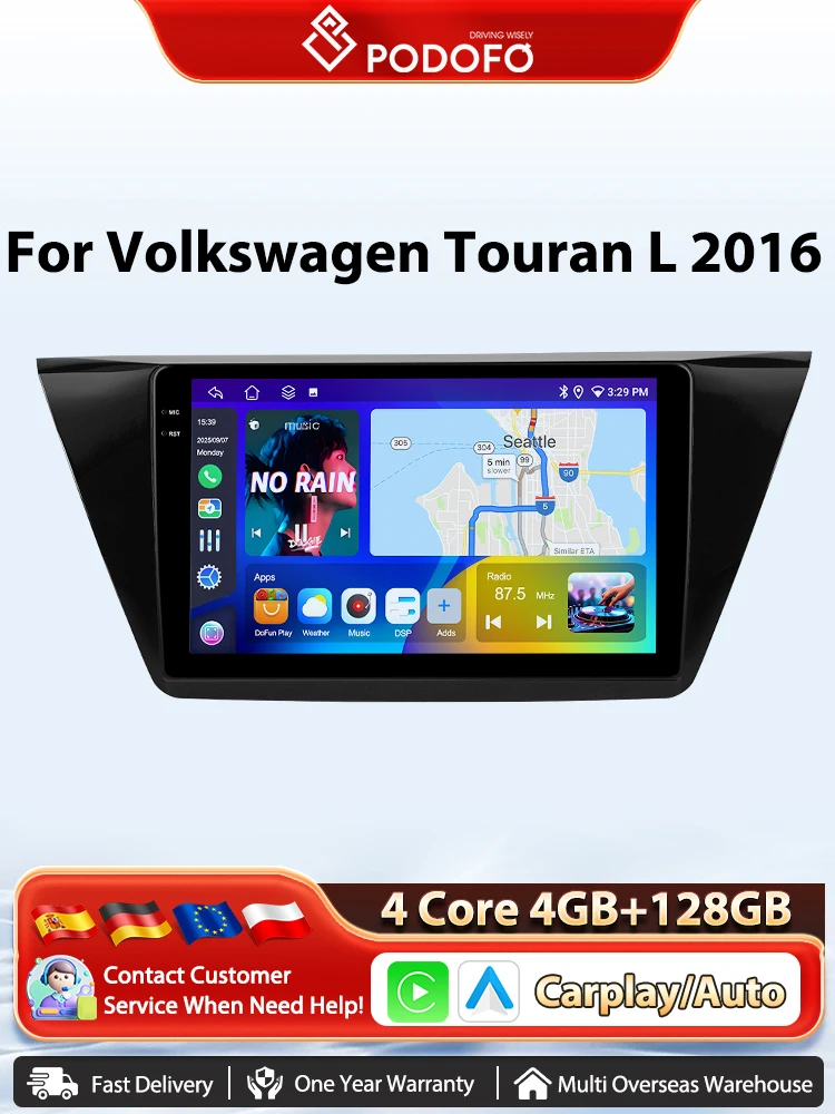 Podofo 8 Core Auto Autoradio Für Volkswagen Touran L 2016 Drahtlose CarPlay Android Auto Multimedia Stereo WIFI GPS 2din radio FM