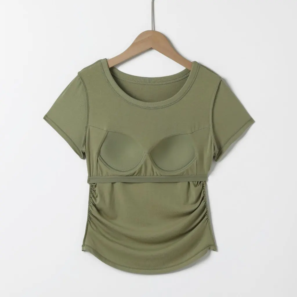 

Summer Dovetail Short-Sleeved T-Shirt Side Pleated Waist Crewneck Pure Desire Style Women's Self-contained Chest Pad Top