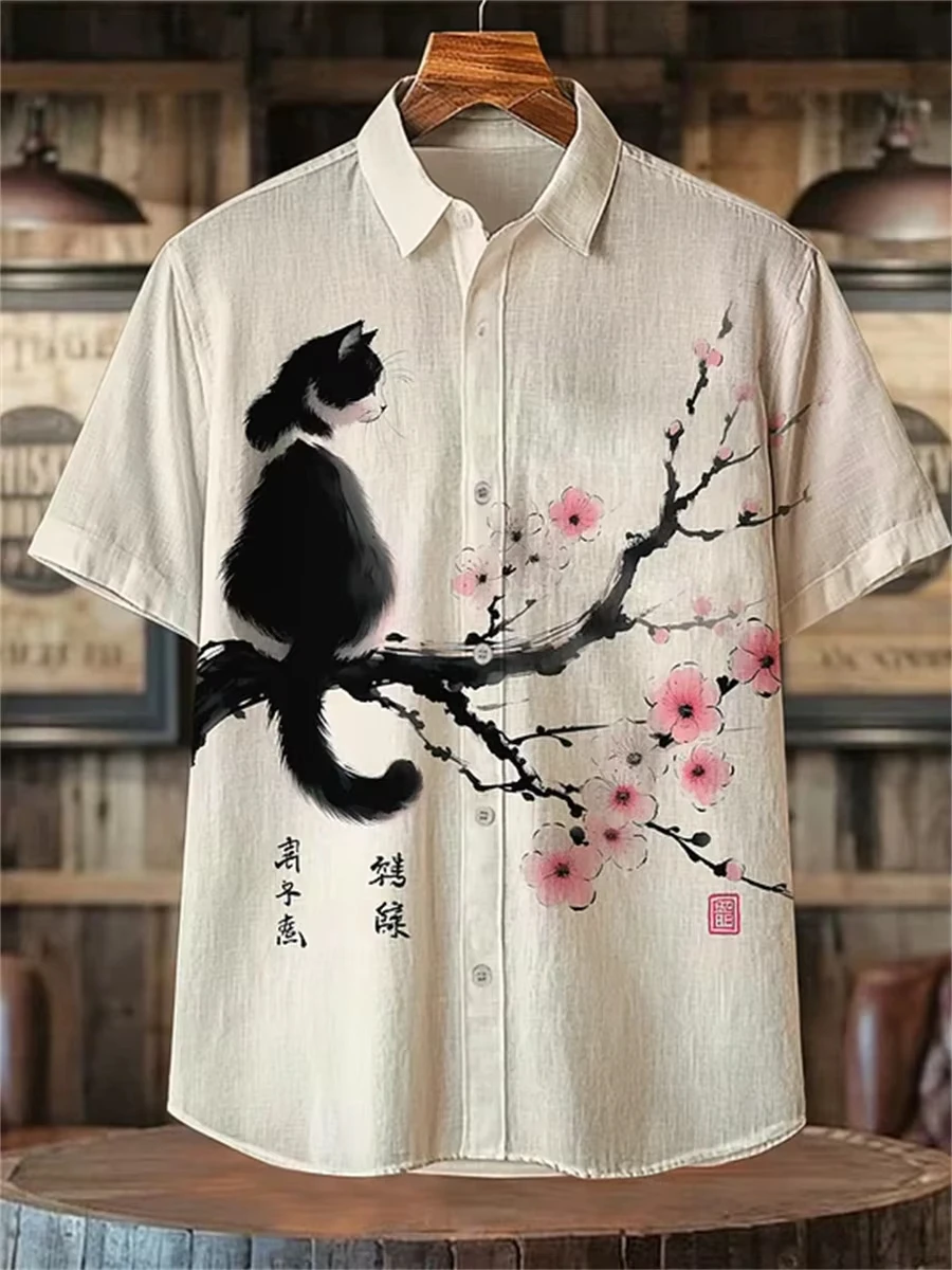 2026 Men's cat print casual short-sleeved shirt breathable and loose collared shirt, summer beach vacation style camisa hombre