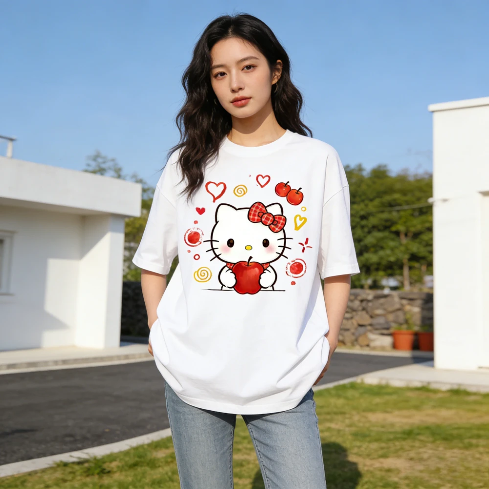 

Летняя футболка 2026 с принтом Hello Kitty, короткий рукав, 100% хлопок, женская, для семейного комплекта, классическая модная футболка-топ