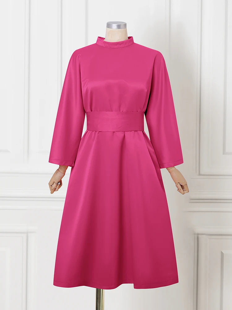 Plus Size Women Dress Solid Elegant Belt Work OL Sundress VONDA 2025 Fashion 3/4 Sleeve Mid-Calf Vestidos Autumn Loose Robe