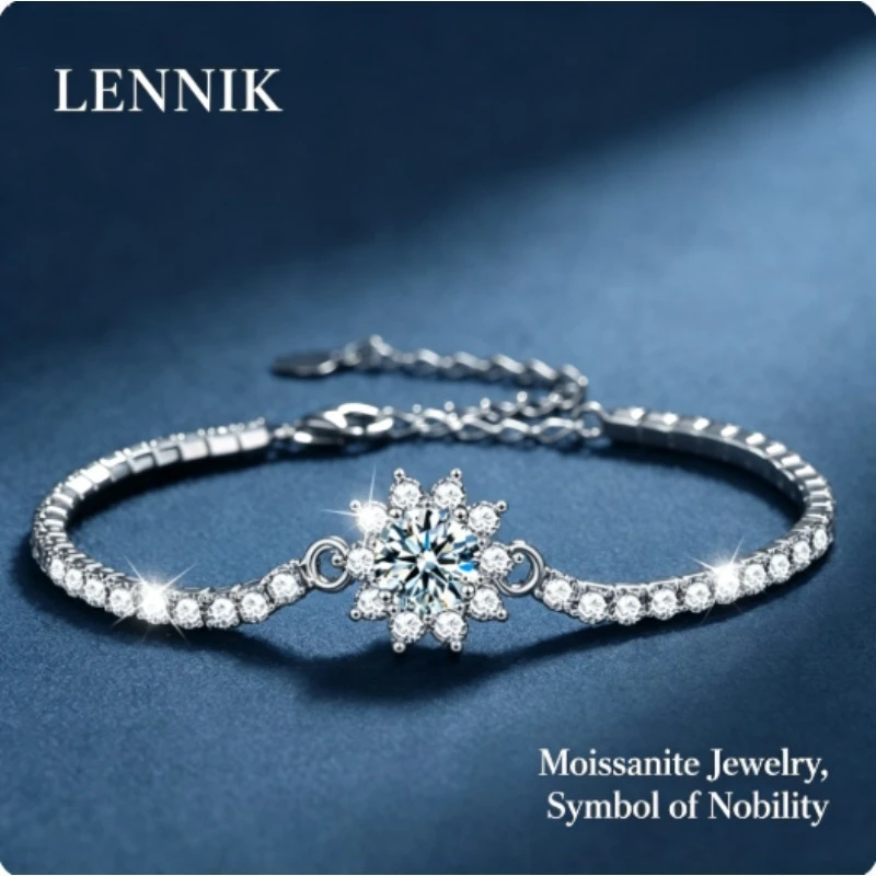 

LENNIK Women Luxury S925 Silver Bracelet Sunflower Design Full Inlaid Shiny Moissanite Dainty Elegant Daily Hand Jewelry Gift