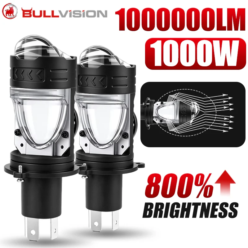 Bullvision 1Pc H4 LED Projector Headlight Canbus Lens Headlight 1000W 1000000LM 6500K Car Light Hi/Low Beam for Auto Motorcycle
