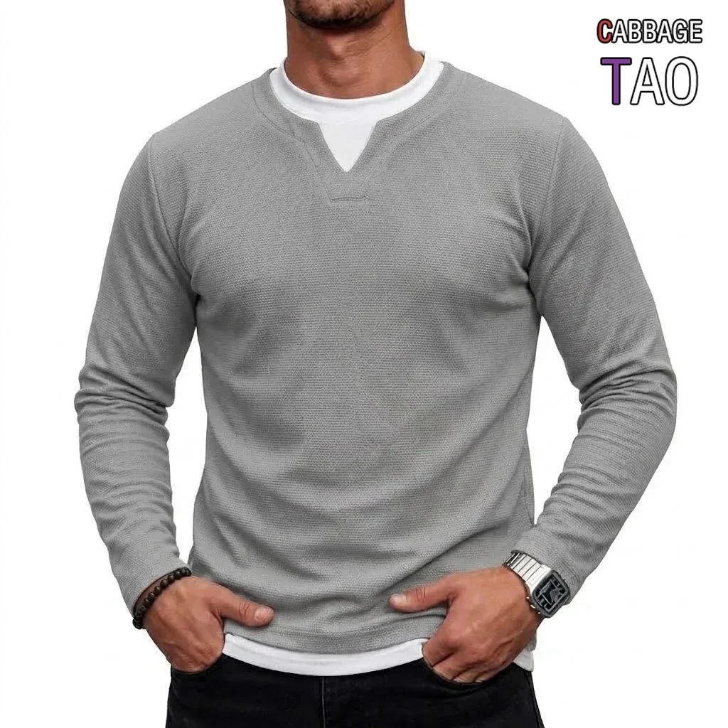 Mens Long Sleeve Tee Textured Knit Casual Pullover Sweatshirt V Neck Thermal Tops Autumn Slim Fit Streetwear Apparel for Men