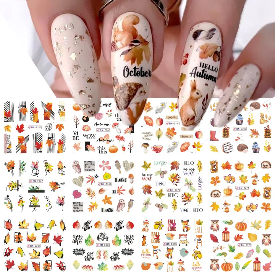 12 stks Herfst Nail Art Stickers Esdoornblad Cartoon Dier Geometrische Water Transfer Manicure Slider Nageldecoratie BEBN2365-2376
