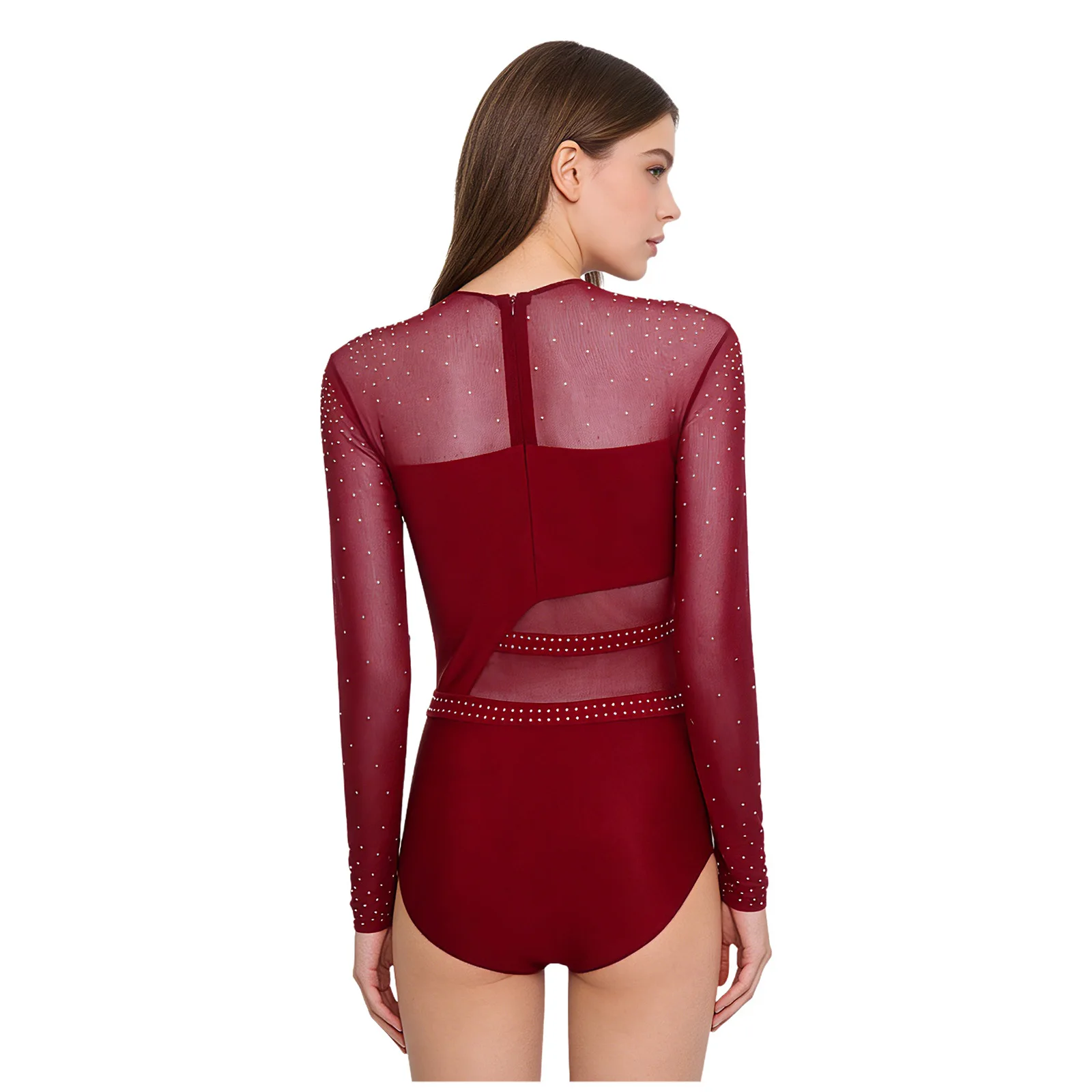 

Женский гимнастический купальник с блестящими стразами, прозрачной сеткой и длинными рукавами, комбинезон для фигурного катания, акробатики, балета, танцев, боди