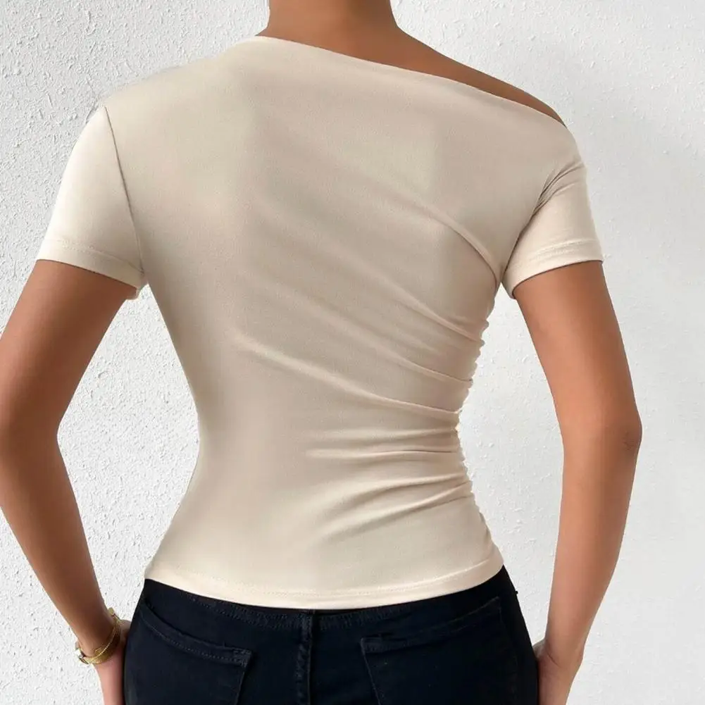 Elegant Women Summer Blouse Skew Collar Short Sleeve Slim Shirt Solid Color Side Shirring Blouse Shirt Top