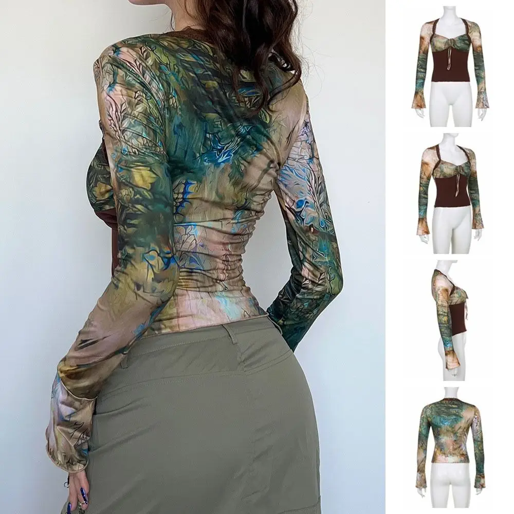 T-shirt floreale trasparente plissettata con lacci maniche lunghe scollo a V stampa corsetto dolce stile coreano slim crop top primavera estate