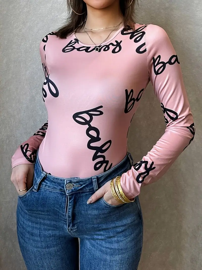 Women's round Neck Long Sleeved Jumpsuit Elastic Slim Fit Tailored Body Shape Fashionable Casual Romper