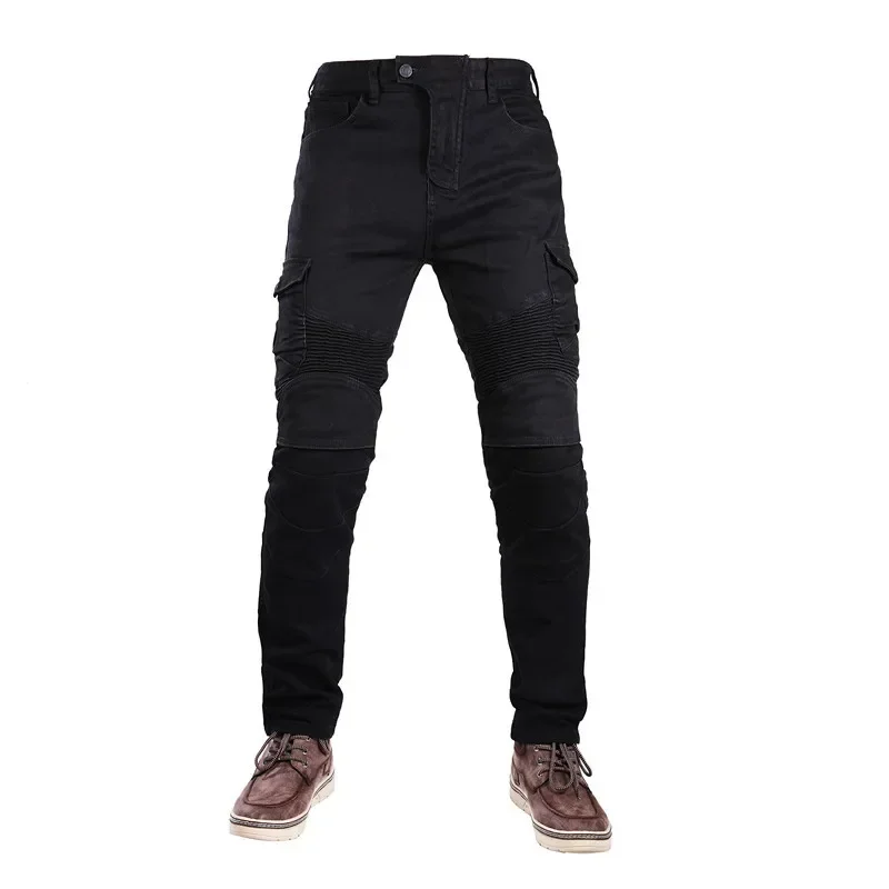 

UGB06 Winter Velvet Motorcycle Leisure Motocross Jeans Multi-pocket Belt Cargo Slim Pants With Obscure Protective Gears Hip Pads