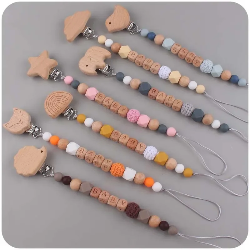 Baby Pacifier Clips Personalized Name Wood Cartoon Animal Silicone Bead Teethers Newborn Teething Toys Dummy Nipple Holder Chain