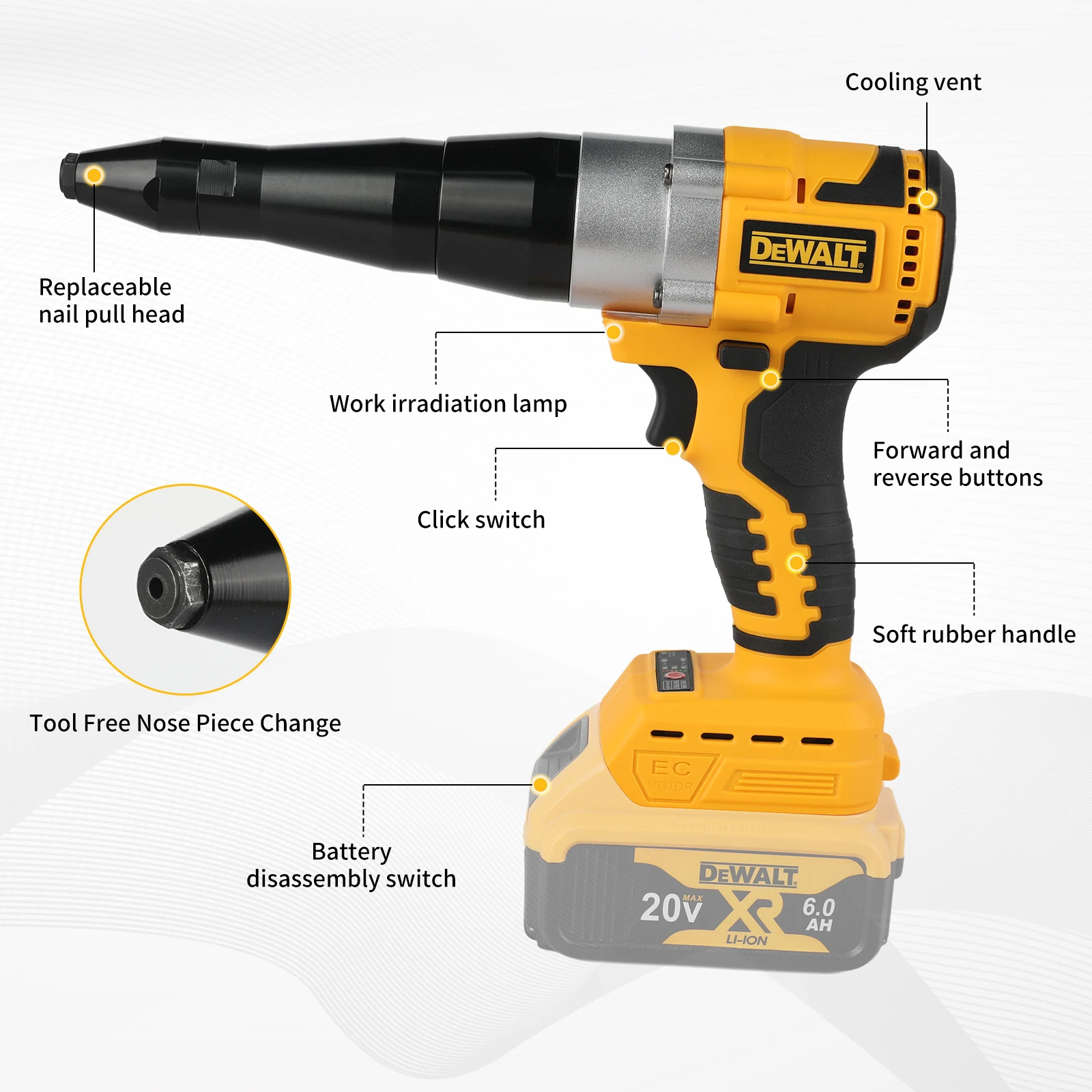 DeWalt DCF401 Brushless Electric Rivet Gun Cordless 3.2-4.8mm Rivet Nut Gun Drill Insert Automatic Riveting Power Tool