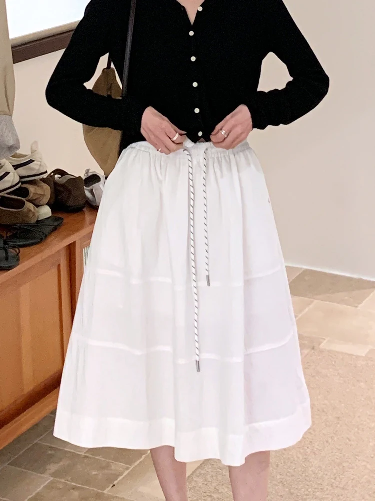 

BRIVIN Korean Sle High Waist A-Line Skirt Women's Summer New Design Fluffy Skirt White Color Commute Pure Color