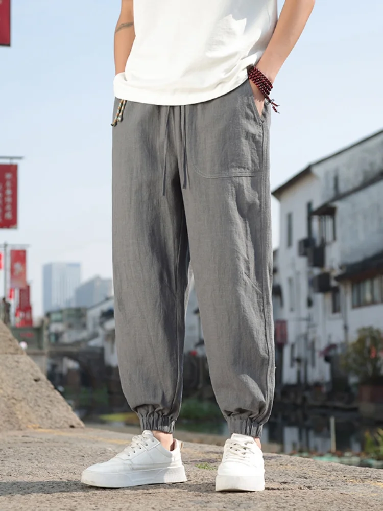 

Men's Summer Thin Cotton Linen Pants Nine Points Workwear Trousers Loose Fit Casual Loose Waist Elastic Rope ket Breathable