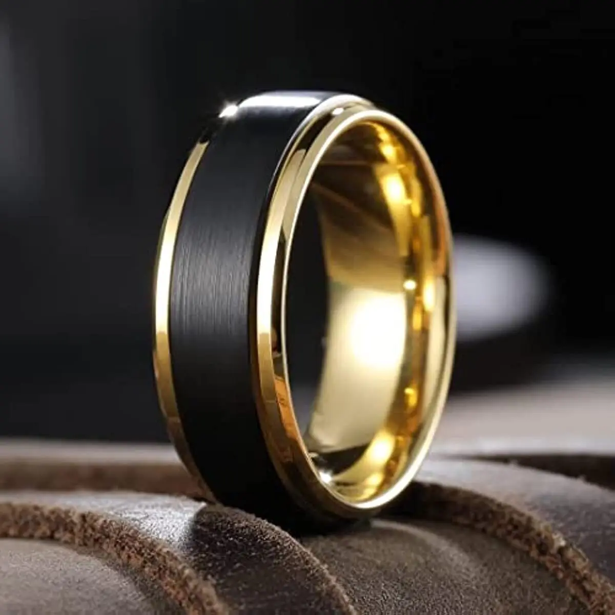 Black 8MM Tungsten Carbide Rings For Women Men Couple Wedding Ring Gold Color Edge Band Boy Dad Son Size 6-14