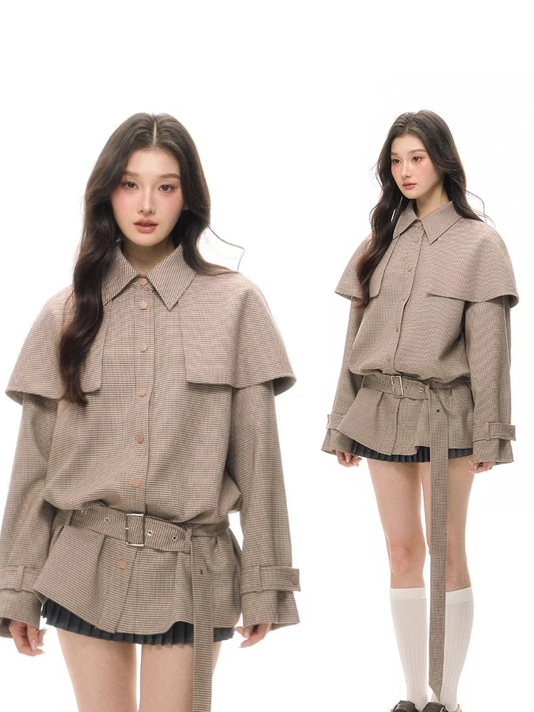 

Lautaro Spring Autumn Oversized Houndstooth Trench Coat for Women Belt Single Breasted Elegant Chic Luxury Designer Clothes 2025