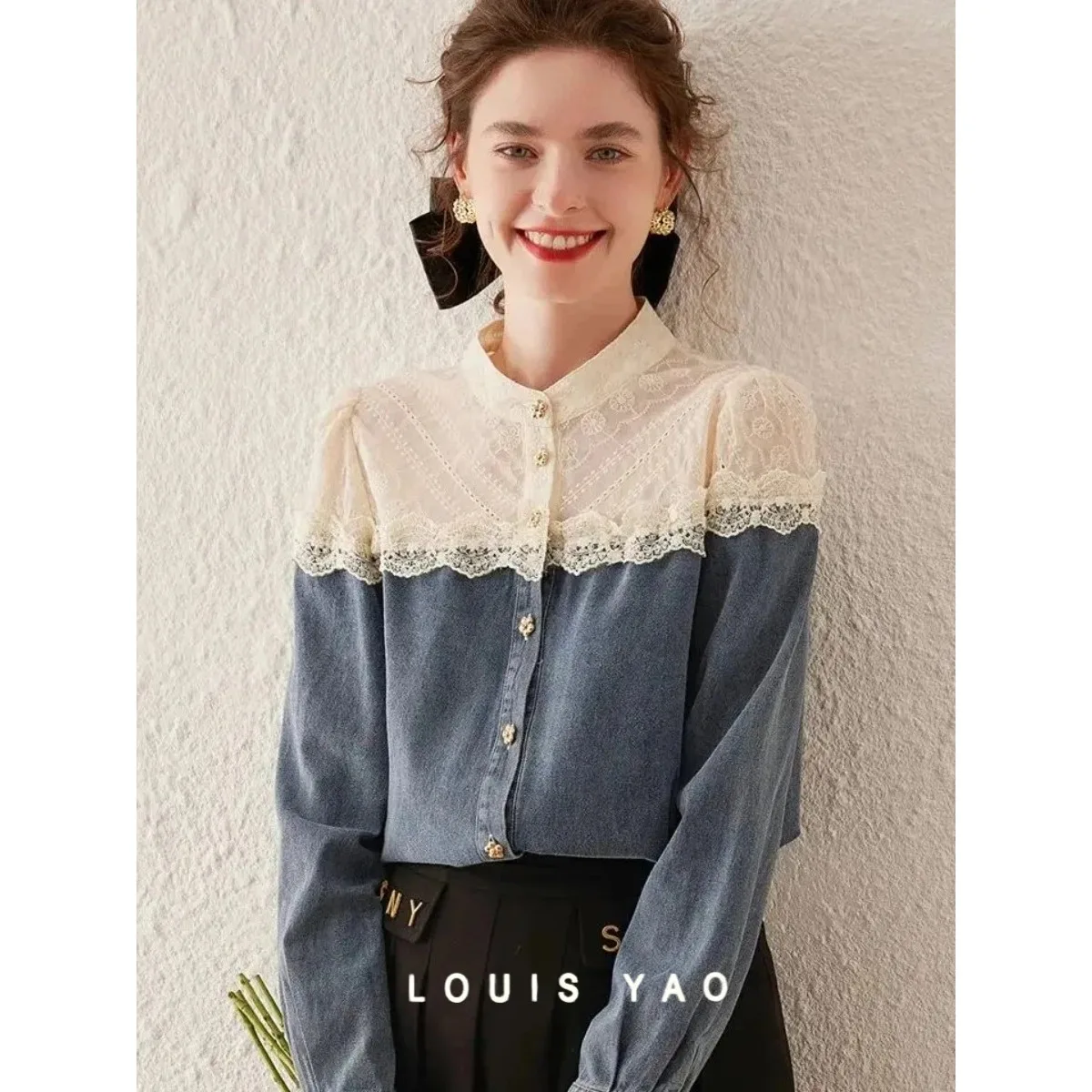 

Color Blocked Denim Shirt 2025 Summer Blue Long Sleeve Blouse Lace Collar Fashion Women's Shirt Women's Clothing Chic Wear