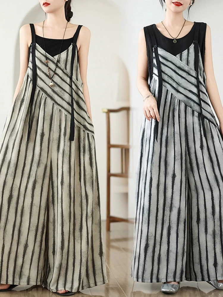 

Oversized Summer V-Neck Slip Jumpsuit Women Striped Print Fashion Ladies Jumpsuits Casual Loose Wide Leg Pleated Woman Jumpsuits