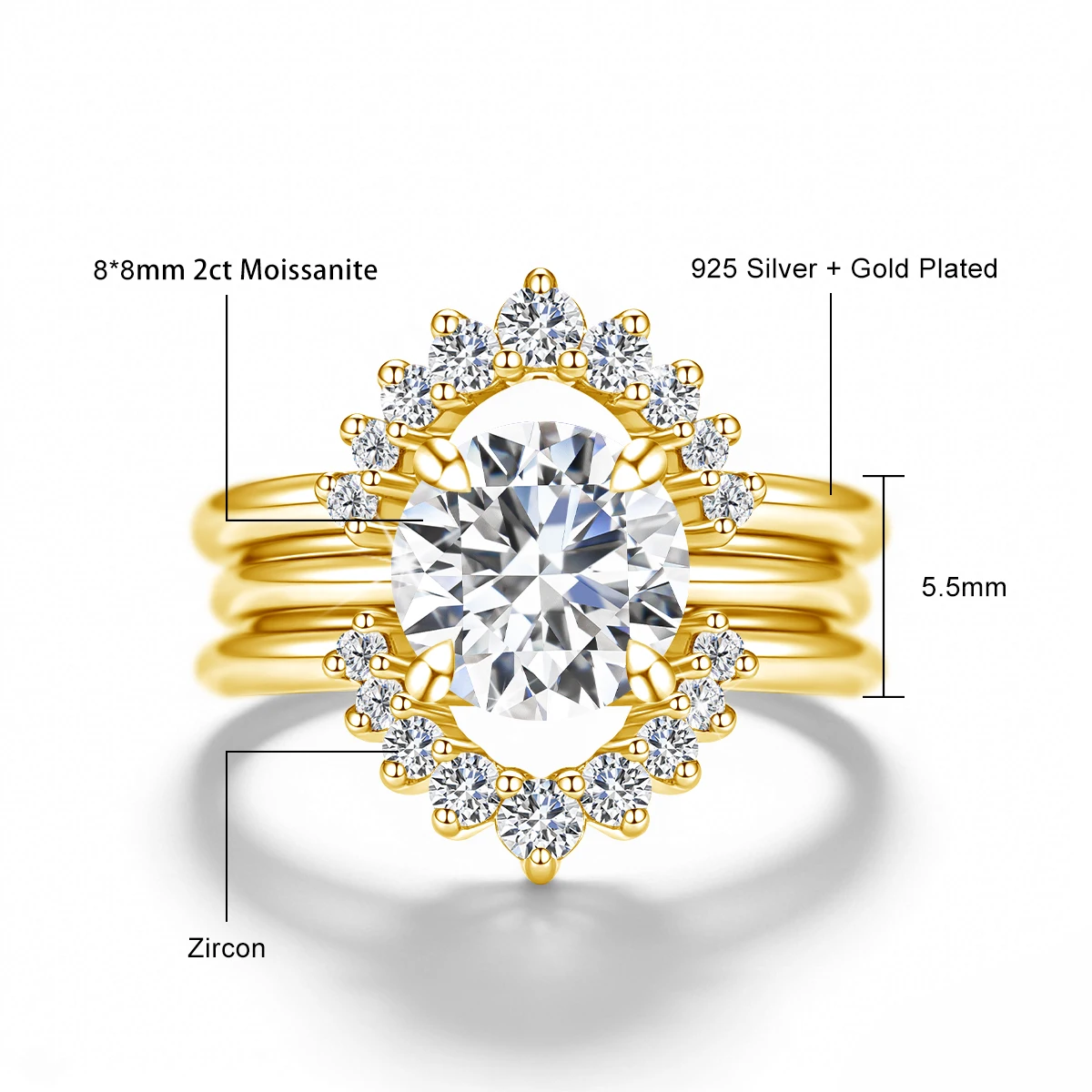 Luxuriöses 2CT D-Farbe Moissanit Hochzeitsring-Set für Frauen 3-teilig 925 Sterling Silber Halo Verlobungs- und Brautring Stapelbarer Schmuck – Detail 1