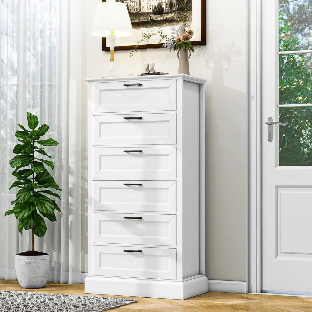 

6-Drawer Tall White Dresser for Bedroom, 55 High Lingerie Chest for Closet, Living Room, Hallway, and Home Office
