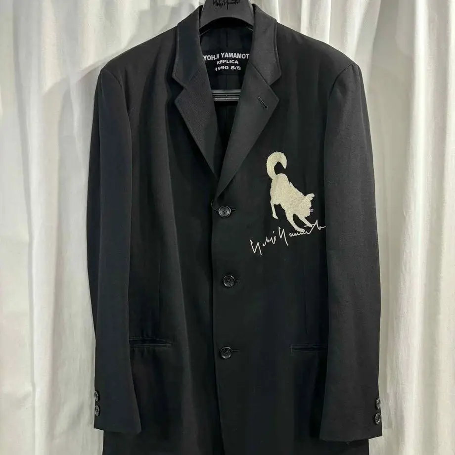 

TOP-YAMAMOTO ® Hand-embroidered Dog Signature Black Wool Loose-Fitting Artistic Style Men's Jacket