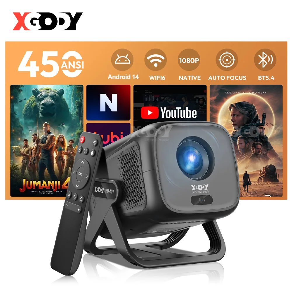 Projetor XGODY Full HD 450ANSI A5 de Curta Distância com Android 14, Autofoco e Correção de Keystone, Nativo 1080P, Cinema em Casa Portátil