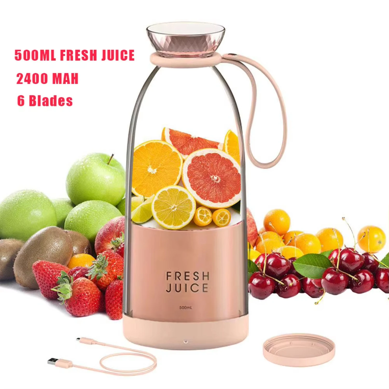 Licuadora portátil, exprimidor de naranjas recargable de 500ml, licuadora de jugo fresco Personal, taza de batido, mezclador de frutas