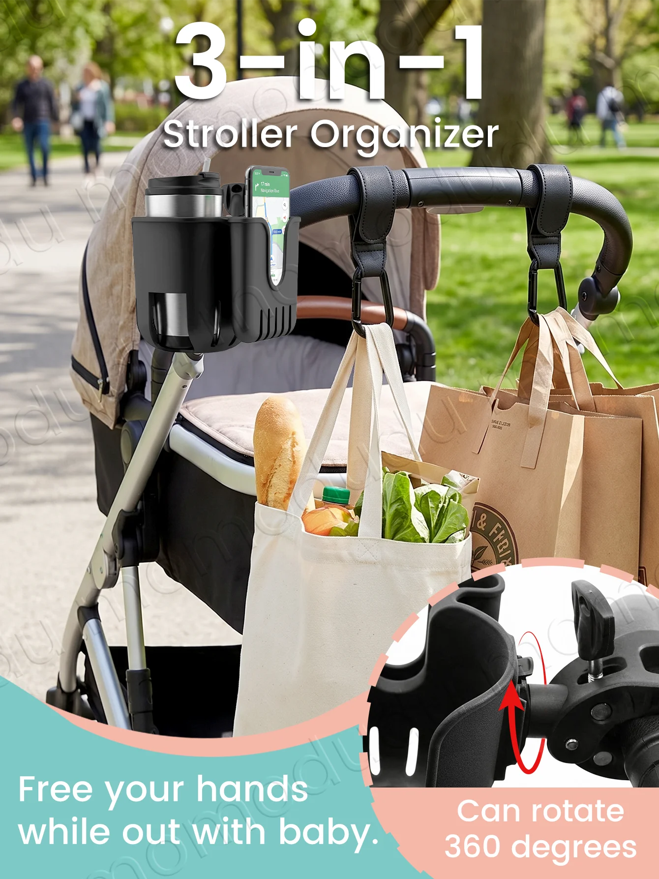 3-in-1 Baby Stroller Organizer Set, Universal Cup Holder with Phone Mount & 2Pcs Heavy Duty Stroller Hooks for Diaper Bags