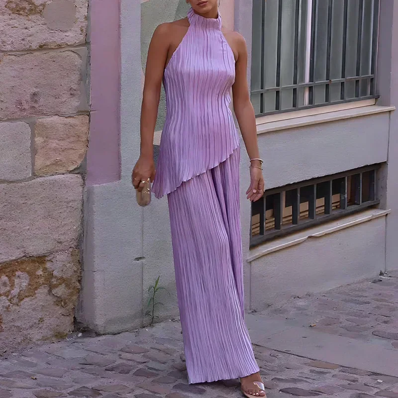 

Шикарный комплект женских брюк с открытой спиной и висячим воротником, сексуальный шарф с воротником и открытыми плечами, диагональный топ, костюм 202, осенний женский элегантный наряд