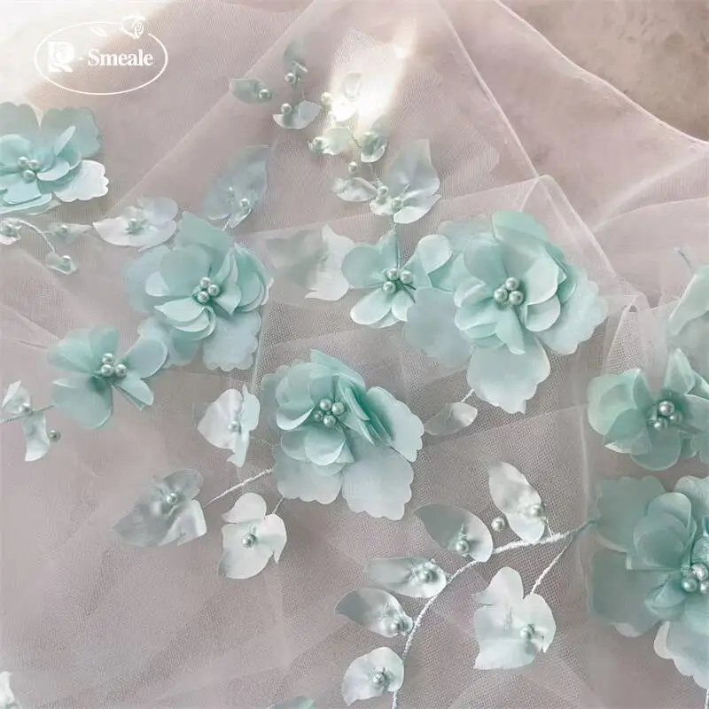 Hellgrüne Perlen 3D-Blumen-Spitzenstoff. Hochzeitskleid DIY Kinderkleidung Nähen Stoff. Hochzeitskleider, Spitzenstoff 5 Yards – Detail 3