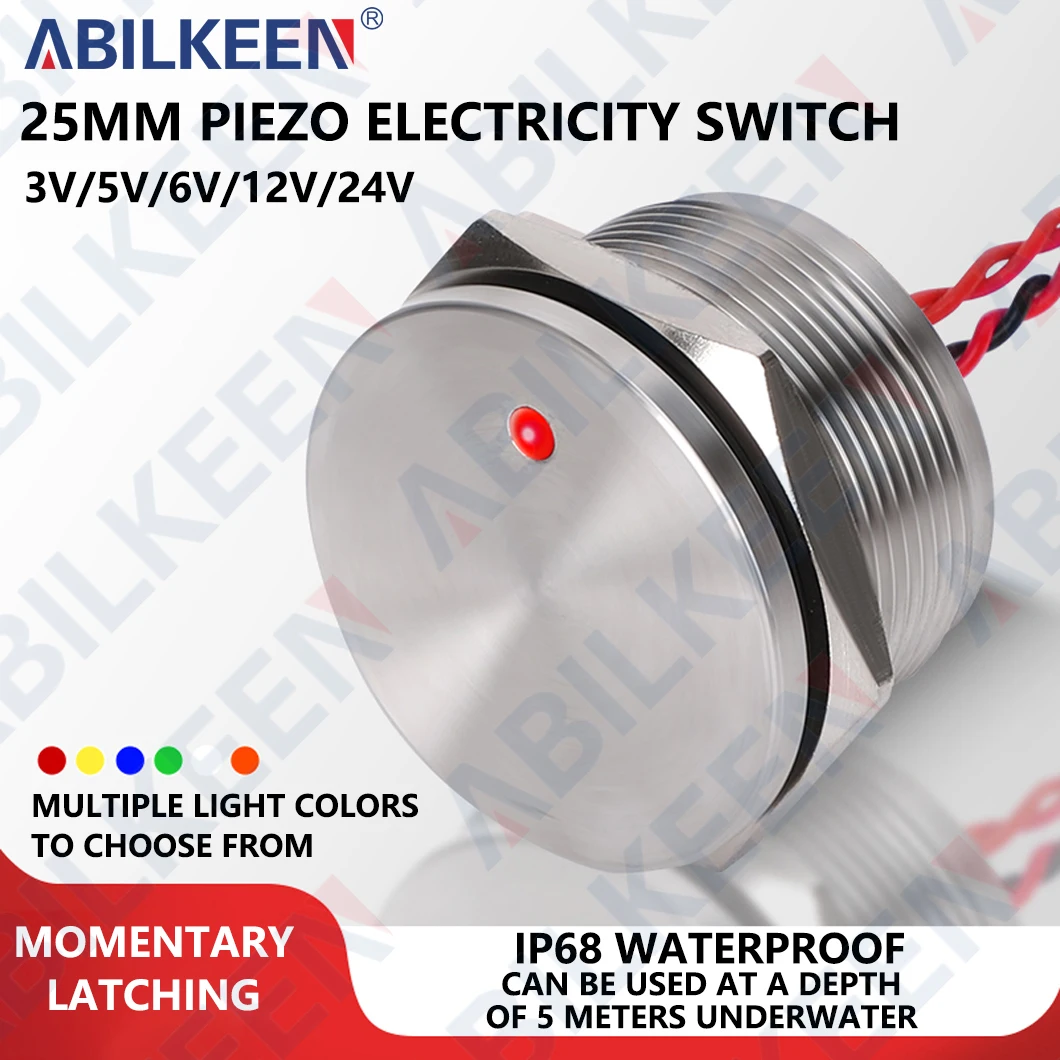 ABILKEEN 25MM 1NO Momentary/Latching Piezo Electric Switch 304 Stainless Steel Touch Press Sensitive Switch with Dot LED Light