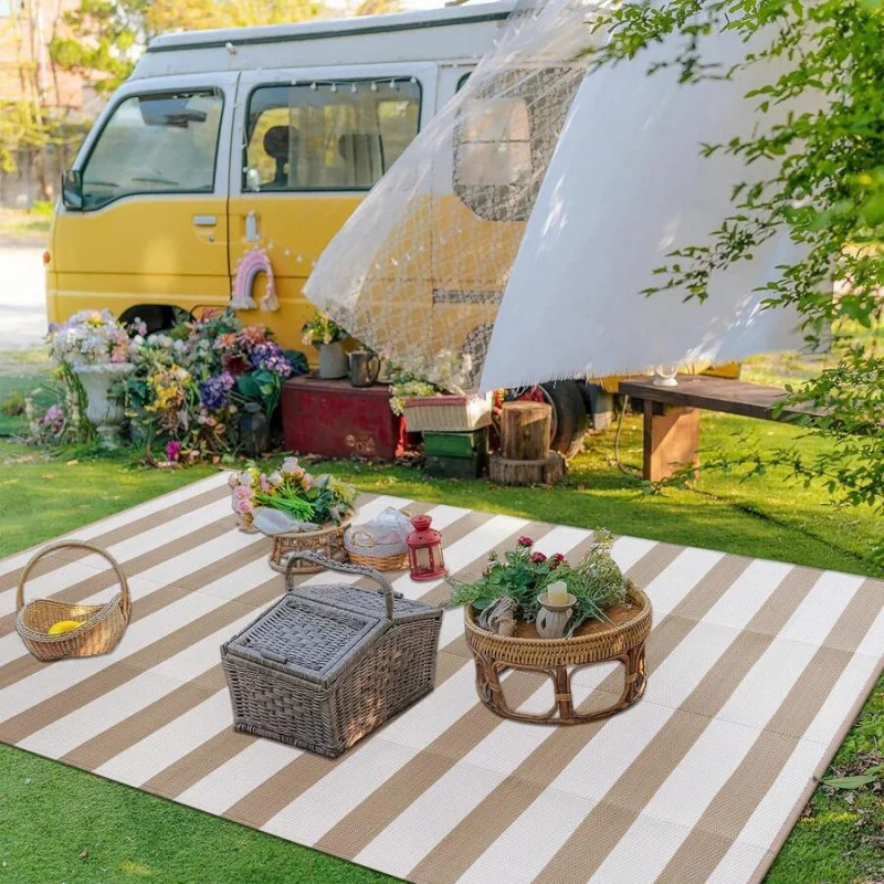 Outdoor Waterproof Patio Rug 5X8 6x9 8X10 9X12 Plastic Straw Reversible Lightweight Outside Beige Stripe Large Carpet Outdoor