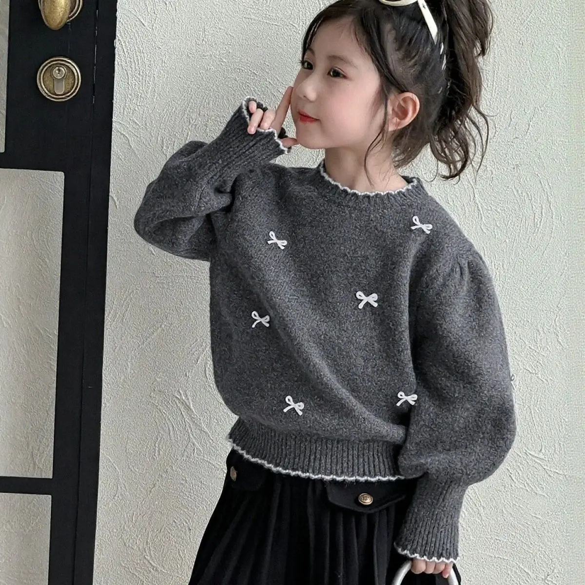Girls Bow Knit Sweater Winter New Fashion Mori Style Early Autumn Outfit Anti-pilling