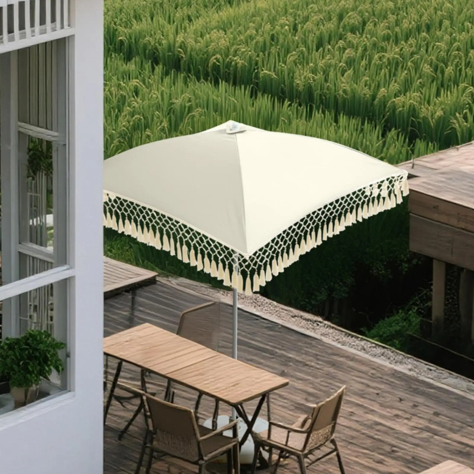 Light Beige Mesh Fringe Square Canopy Sun Parasol for Patio Beach Courtyard Outdoor Shade Shelter