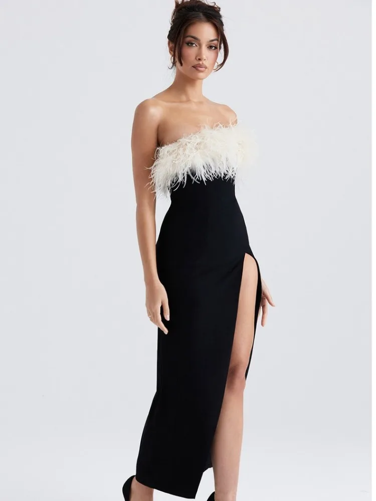 2025 Abito da donna sexy senza spalline in piume patchwork con spacco alto nero midi aderente con fasciatura estiva Abito da sera elegante da club