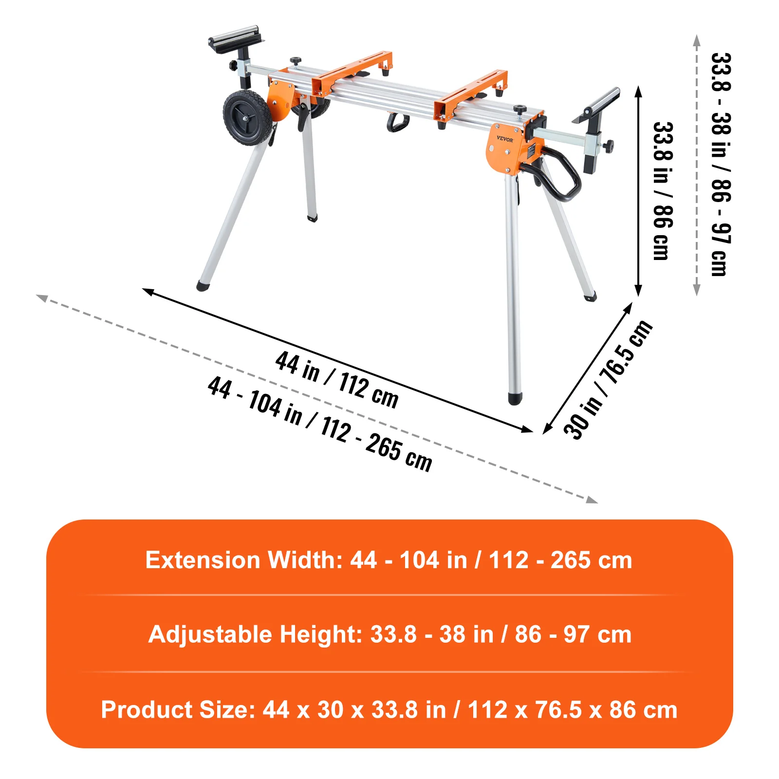 VEVOR 100in Collapsible Miter Saw Stand with One-piece Mounting Brackets Sliding Rail 500lbs Load Capacity for Cutting Works