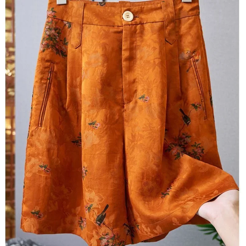 

Summer New High Waist Casual Split Pants Vintage Trendy Jacquard Shorts Button Zipper Pocket Versatile Wide Leg Half Pants Z786