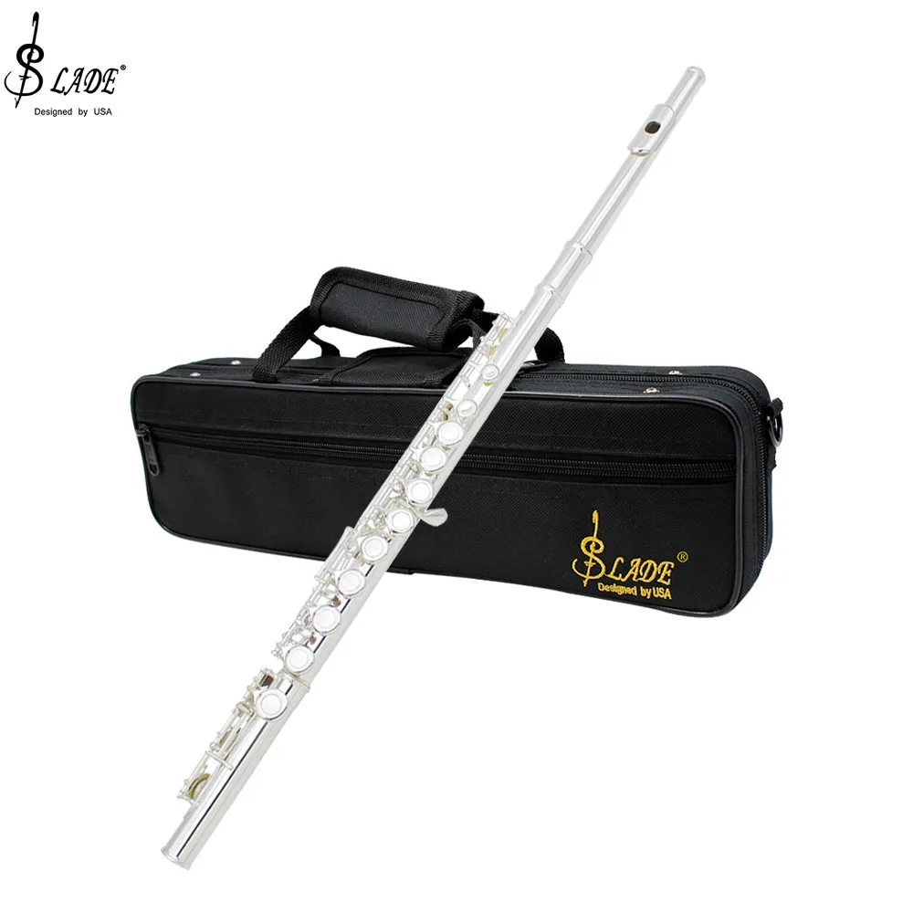 

SLADE 16 Closed Open Holes C Key Flute Professional Silver Plated Concert Flute with Box Cleaning Cloth Stick Gloves