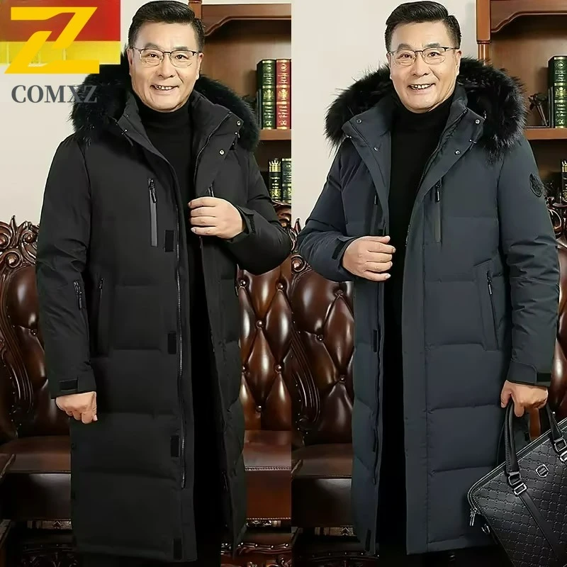 COMXZ الرجال الشتاء سترة طويلة أسفل 2025 الكورية تصميم انفصال الفراء هود معاطف الأبيض بطة أسفل الدافئة خفيفة الوزن سترة سترة