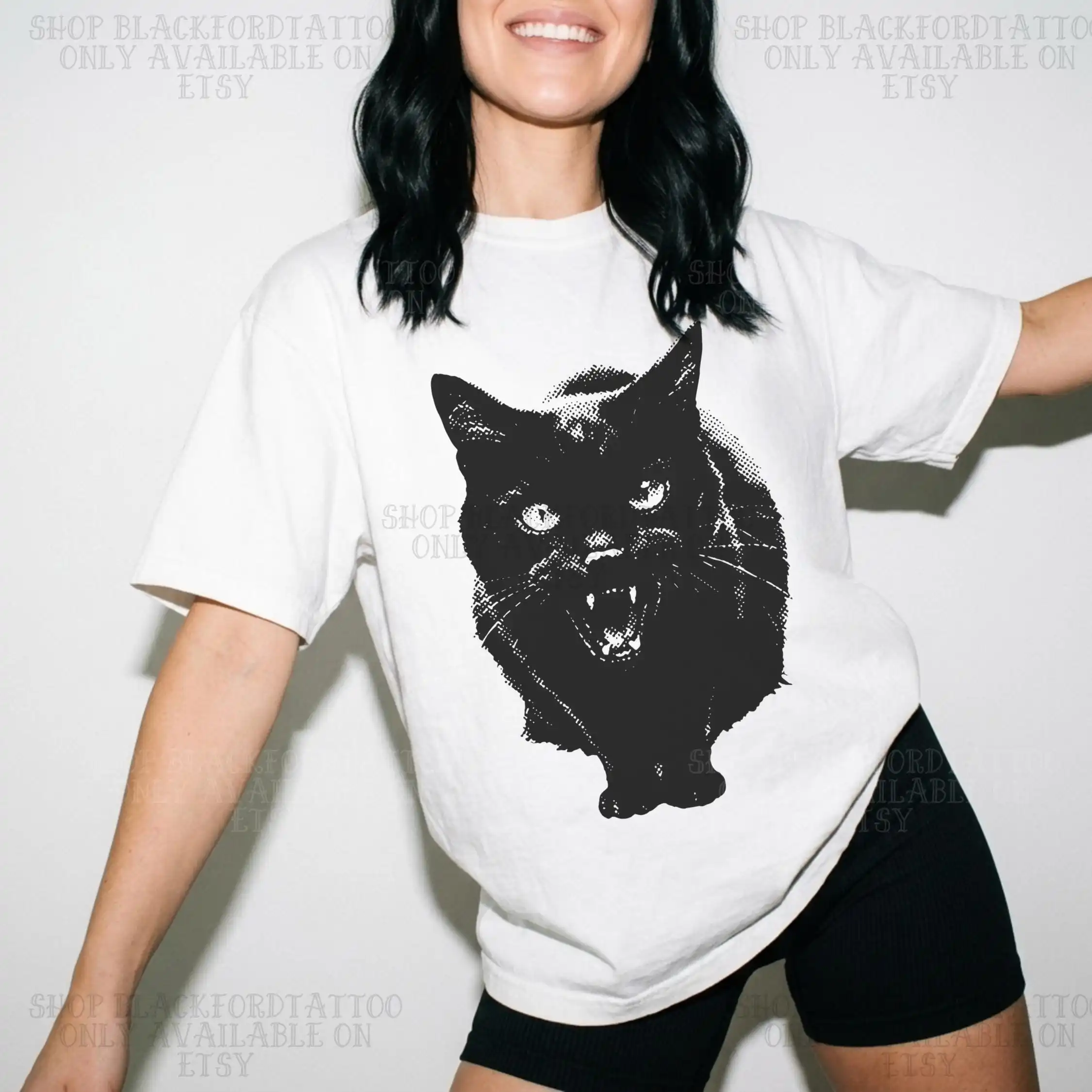 cotton 100% Women O Neck T Shirt Angry Black Cat Graphic Print Short Sleeve Casual Ladies Summer Retro Punk Animal Fashion Tees